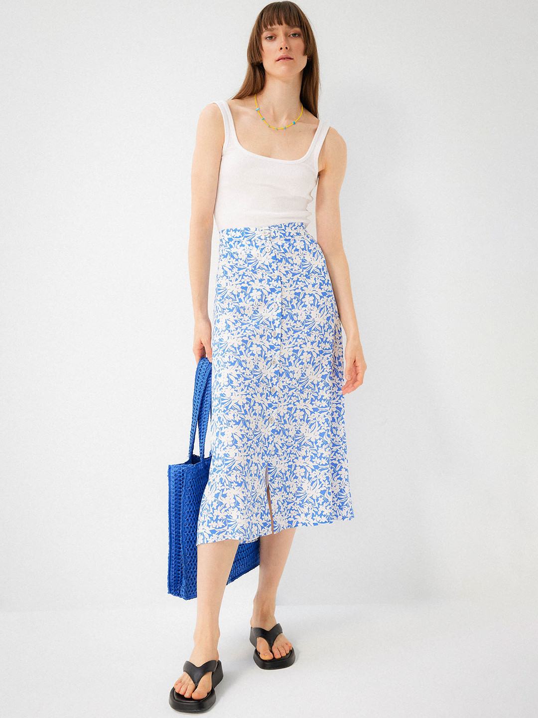 

DeFacto Floral Printed Straight Midi Skirt, Blue