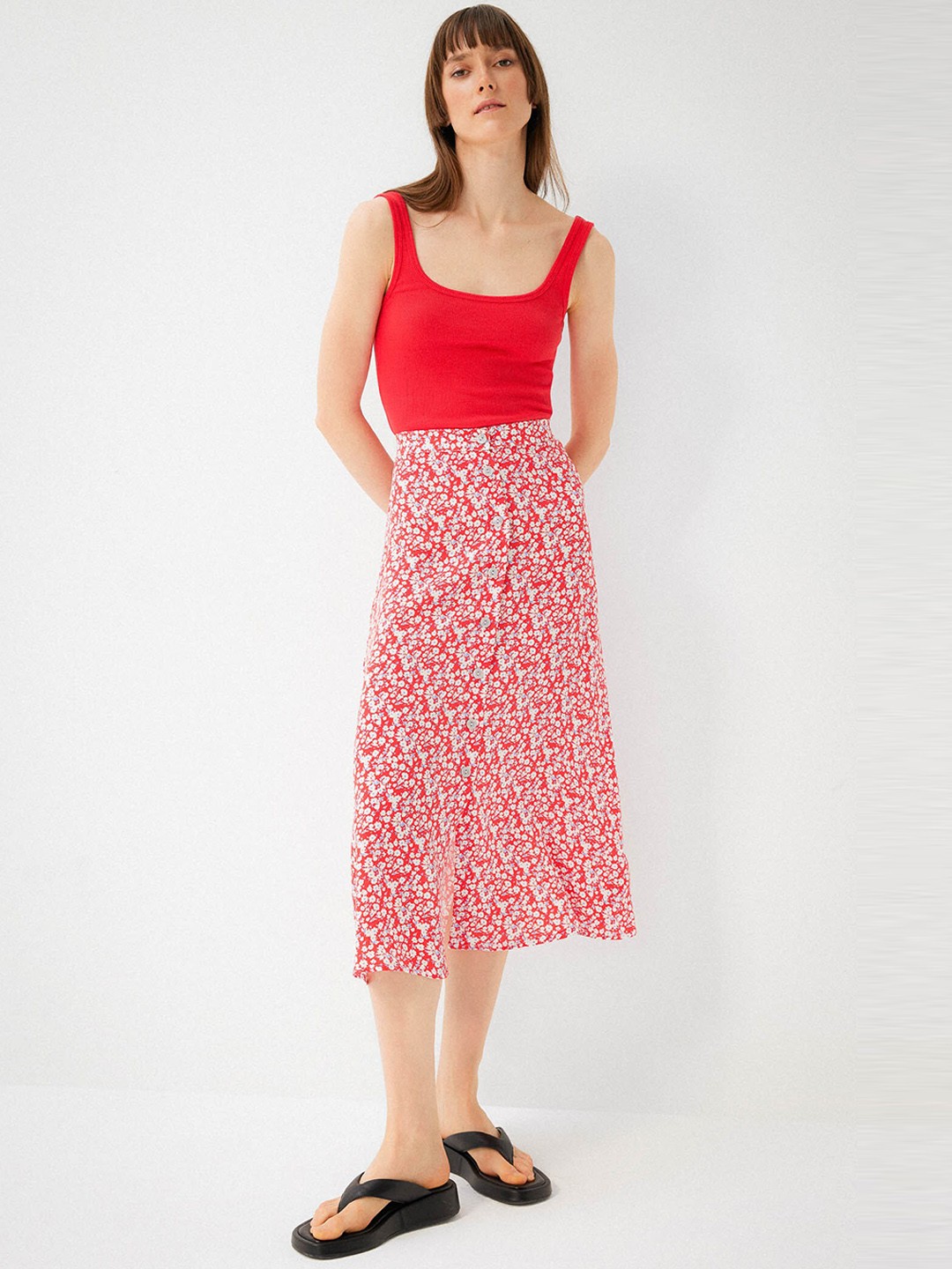 

DeFacto Floral Printed Straight Midi Skirt, Red