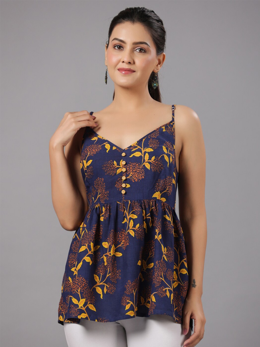 

CRAFTED FOR YOU Floral Printed V-neck Shoulder Straps Pure Cotton A-line Top, Navy blue