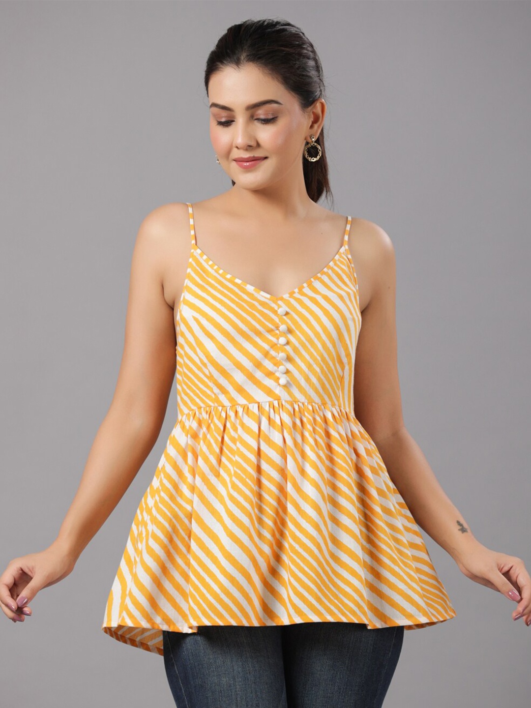 

CRAFTED FOR YOU Striped Shoulder Straps Pure Cotton Peplum Top, Yellow