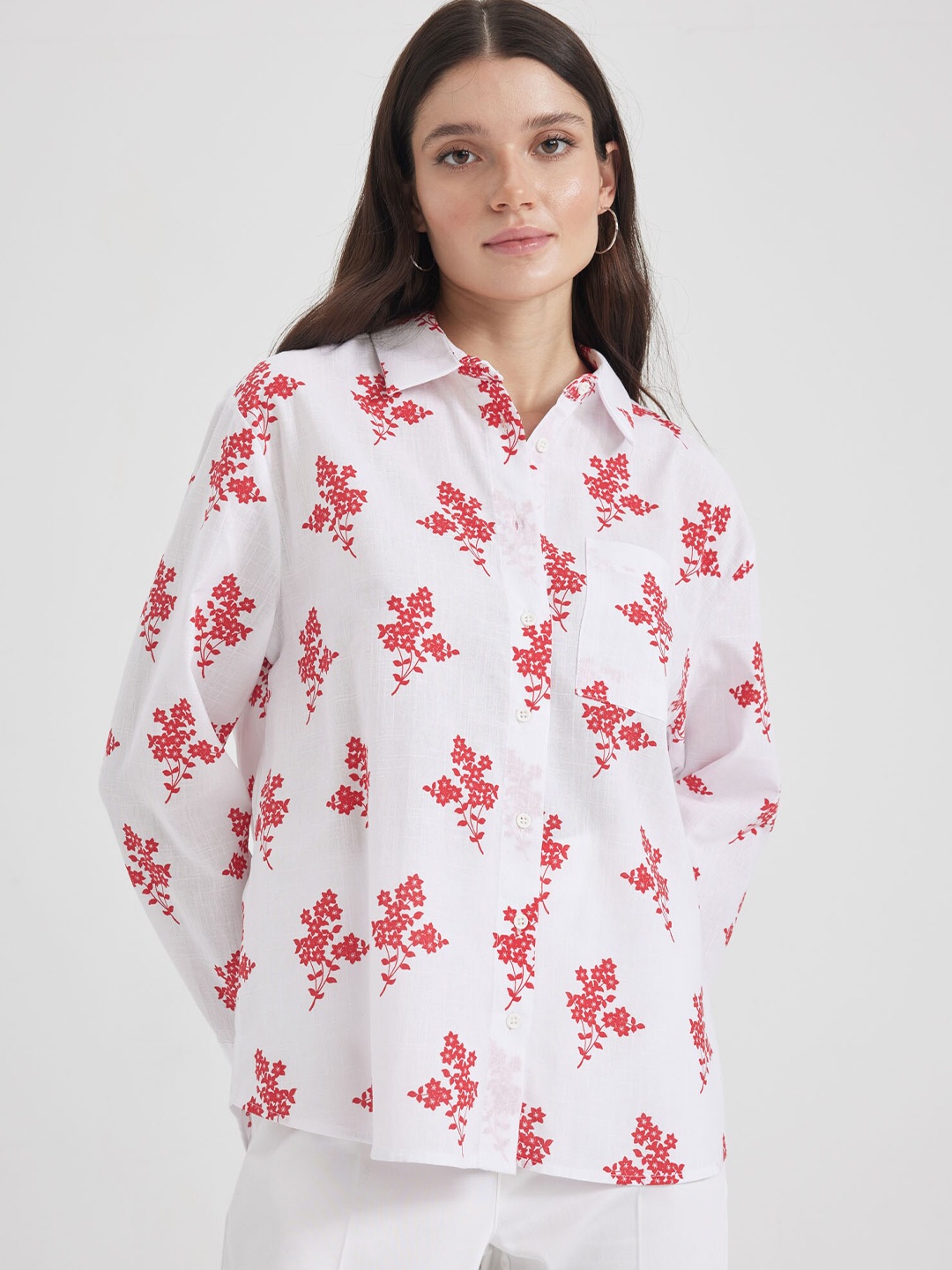 

DeFacto Floral Printed Pure Cotton Casual Shirt, White