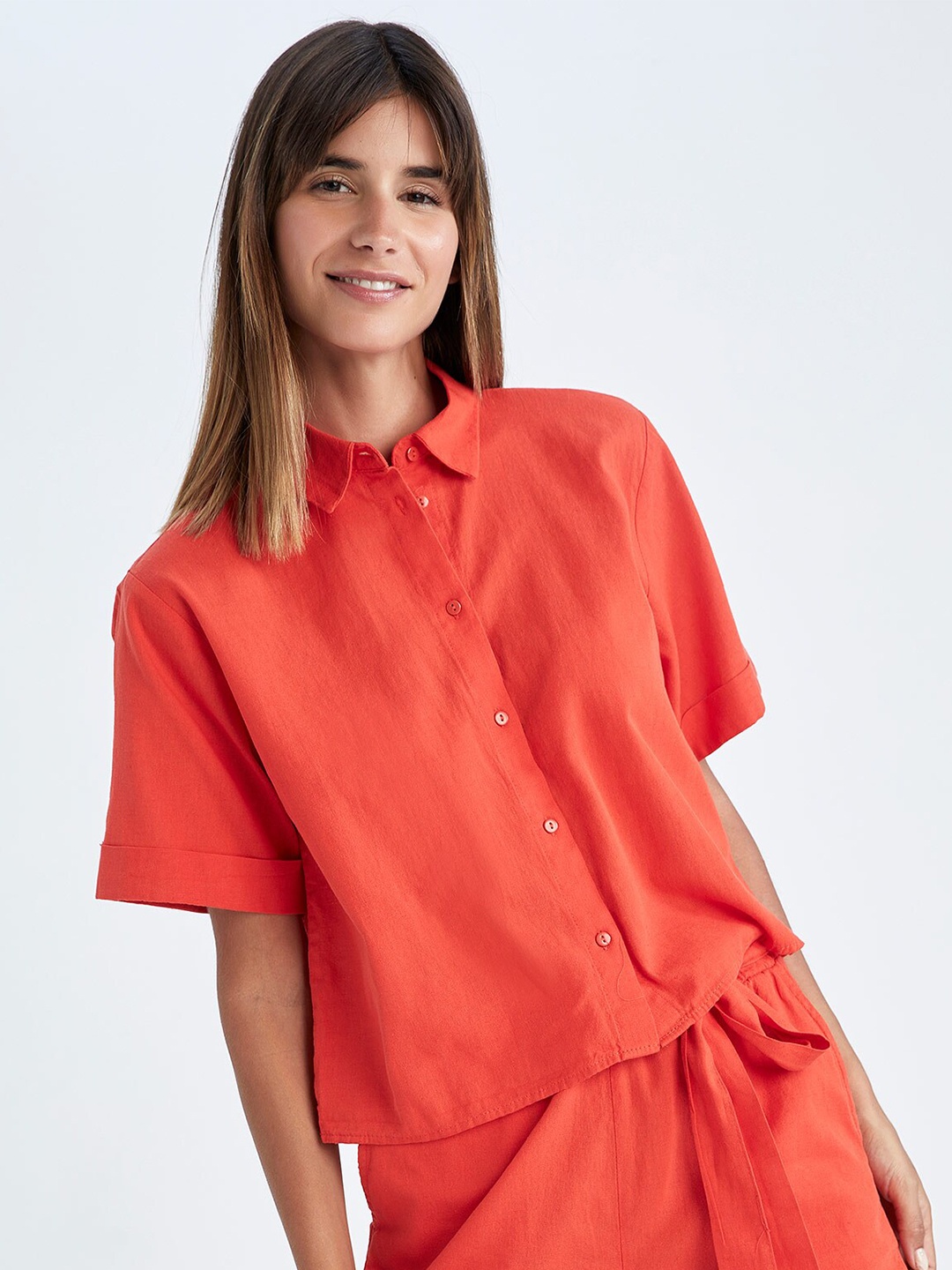 

DeFacto Spread Collar Cotton Linen Casual Shirt, Orange
