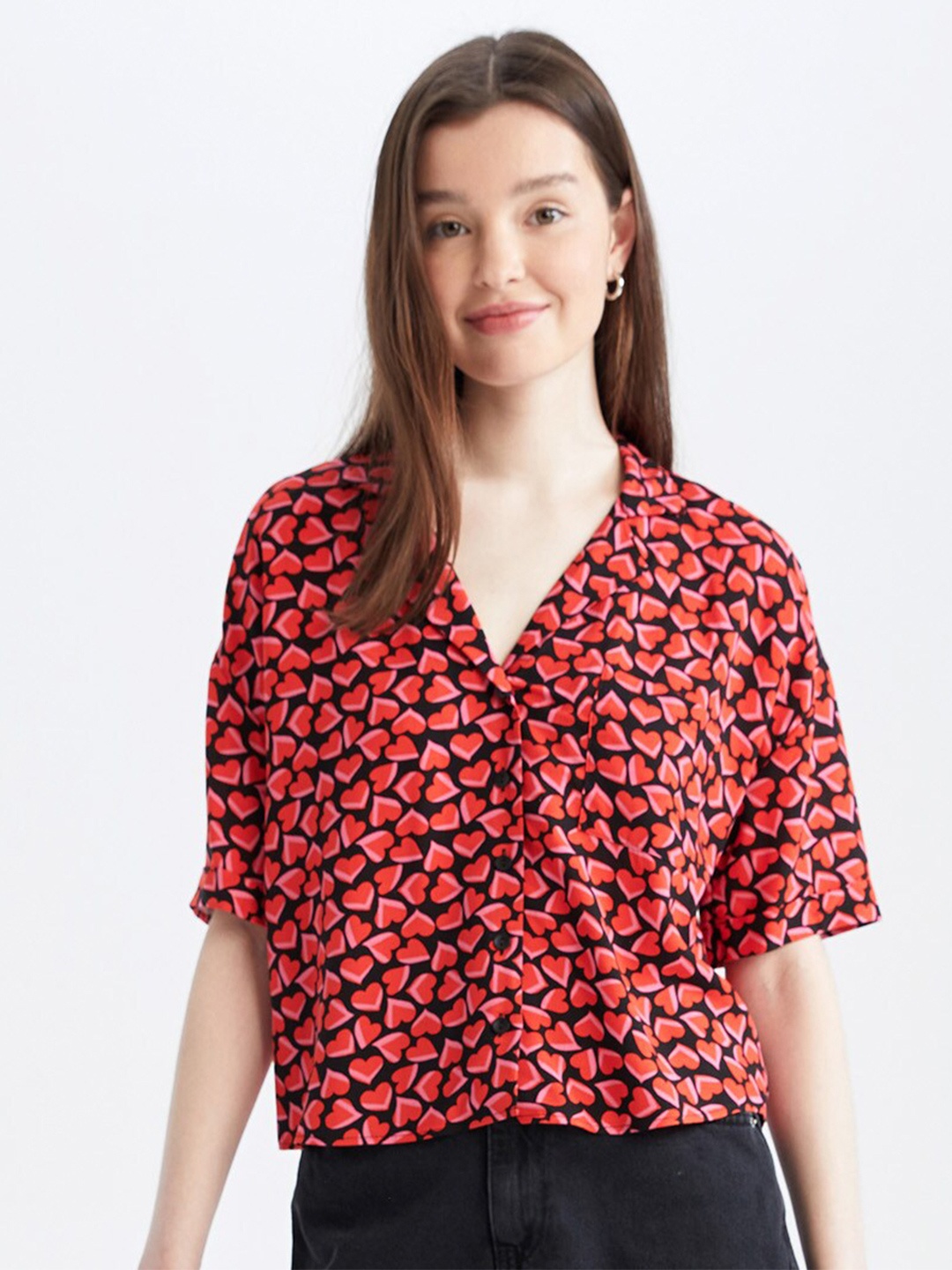 

DeFacto Women Opaque Printed Casual Shirt, Red