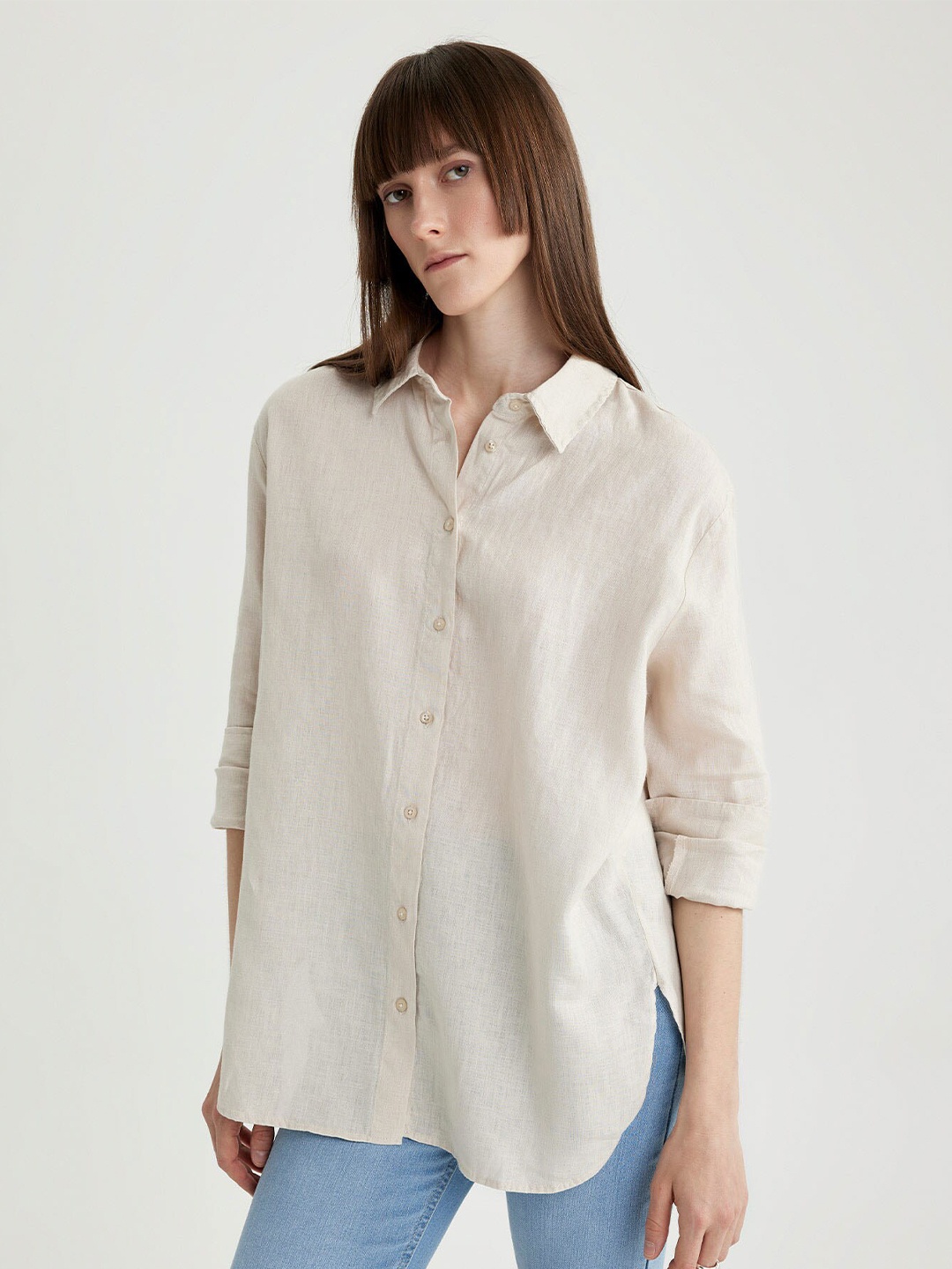 

DeFacto Spread Collar Opaque Pure Linen Longline Casual Shirt, Cream