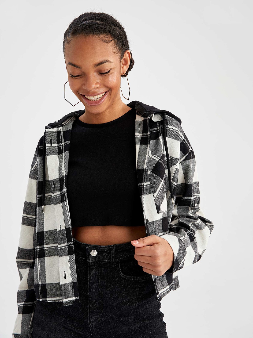 

DeFacto Checked Detachable Hooded Casual Shirt, Black