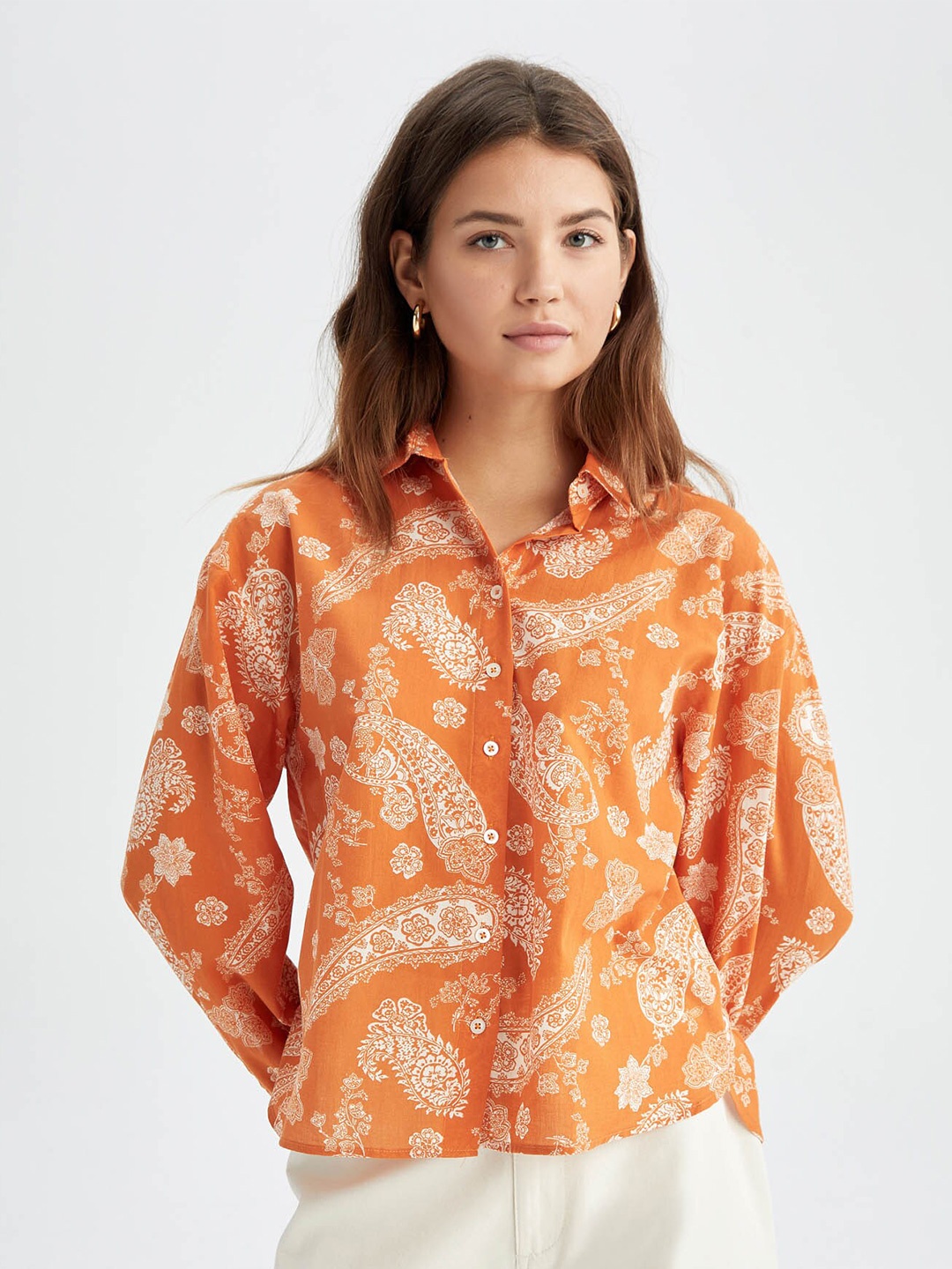 

DeFacto Ethnic Motifs Printed Opaque Pure Cotton Casual Shirt, Orange