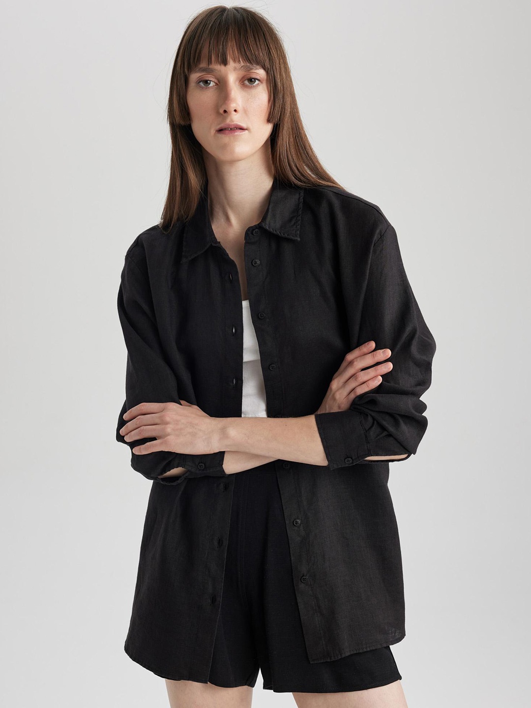

DeFacto Spread Collar Linen Casual Shirt, Na