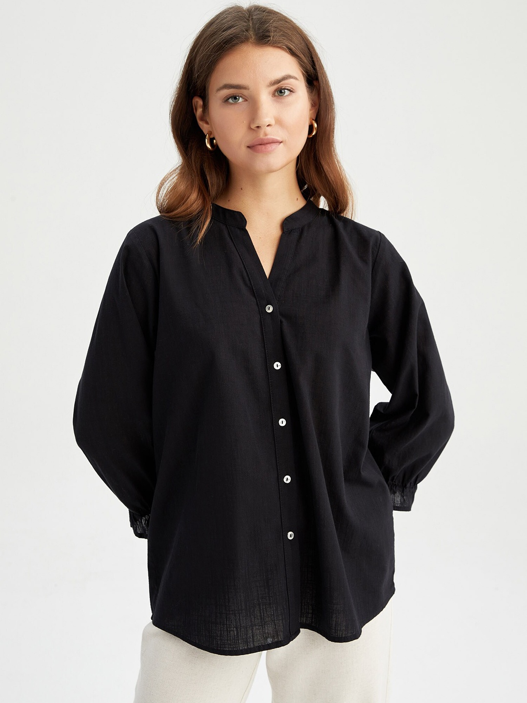 

DeFacto Mandarin Collar Puff Sleeves Pure Cotton Casual Shirt, Black
