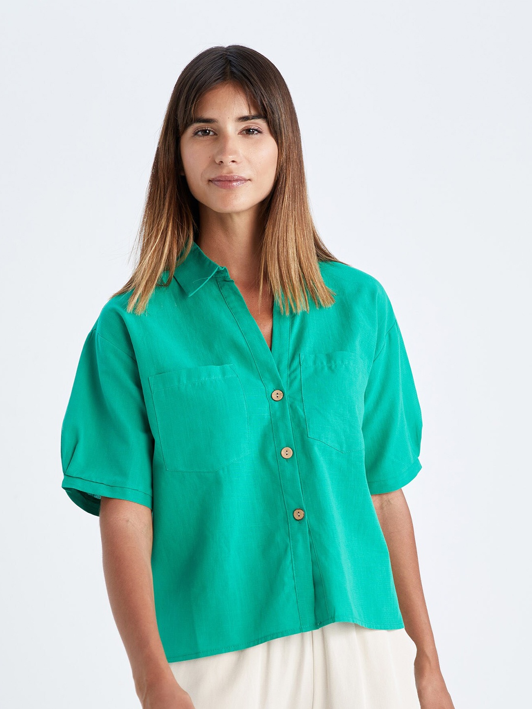 

DeFacto Opaque Pure Cotton Casual Shirt, Sea green