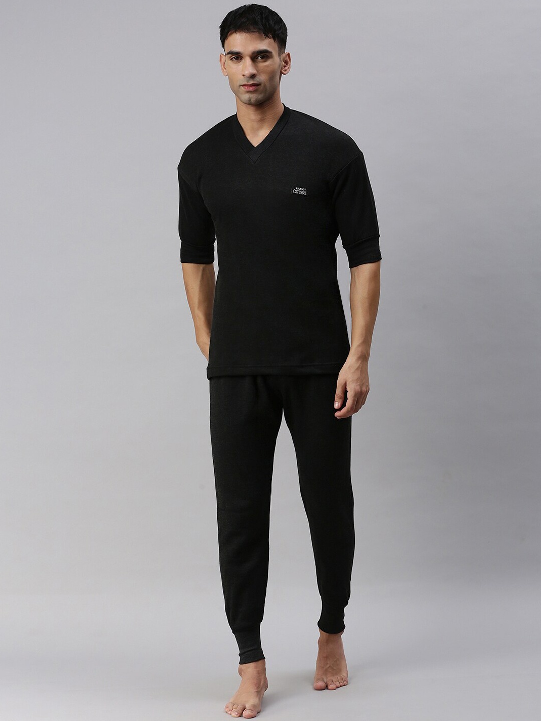 

Lux Cottswool V-Neck & Mid-Rise Cotton Wool Thermal Set, Black