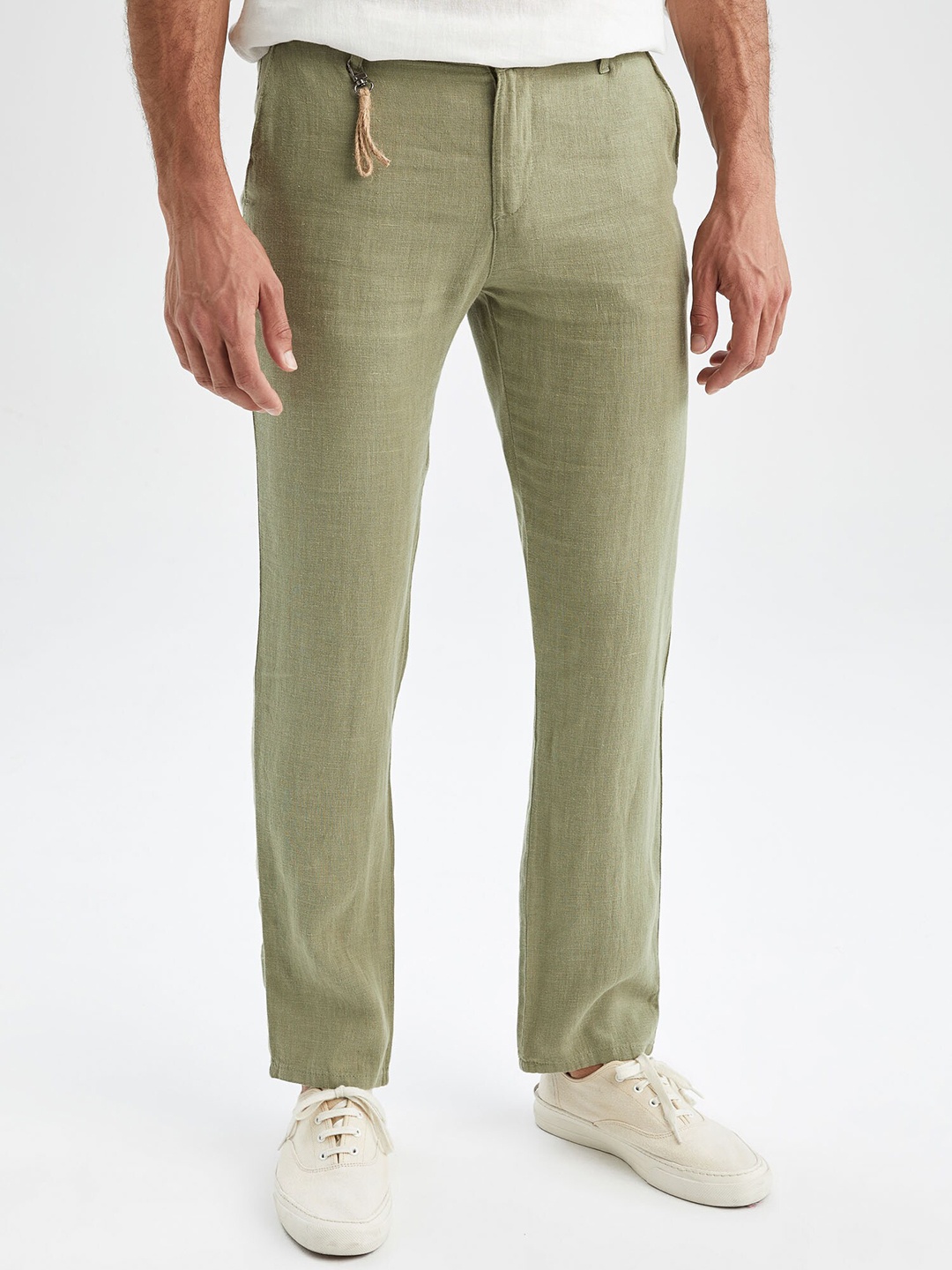

DeFacto Men Mid Rise Pure Linen Trousers, Green