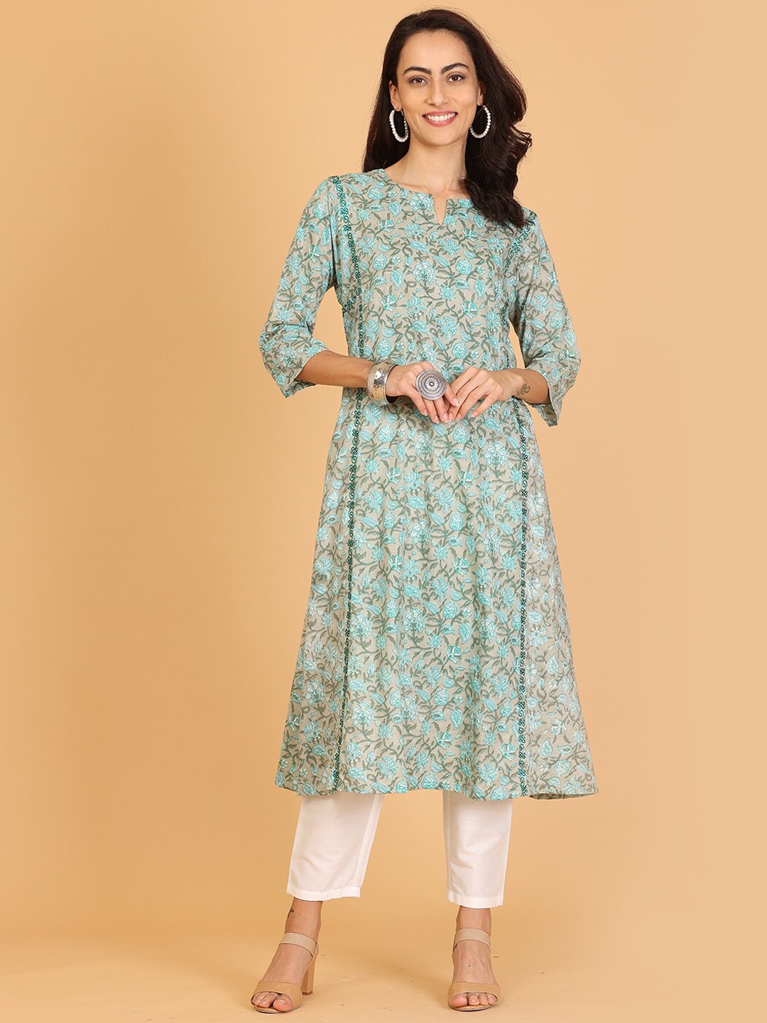 

KAANCHIE NANGGIA Floral Printed Anarkali Pure Cotton Kurta with Trousers, Taupe