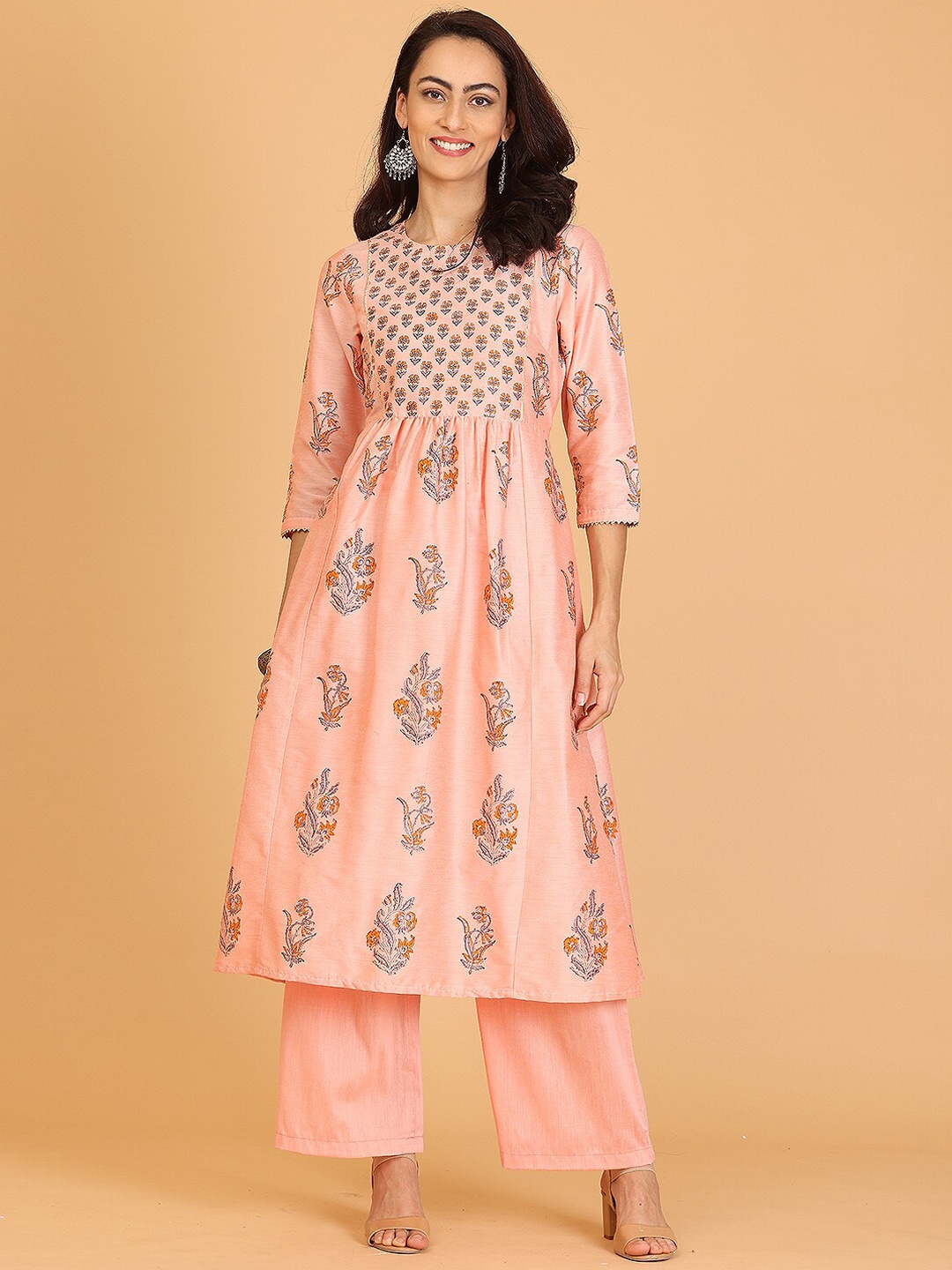 

KAANCHIE NANGGIA Printed Silk Flared Kurta With Trousers, Peach