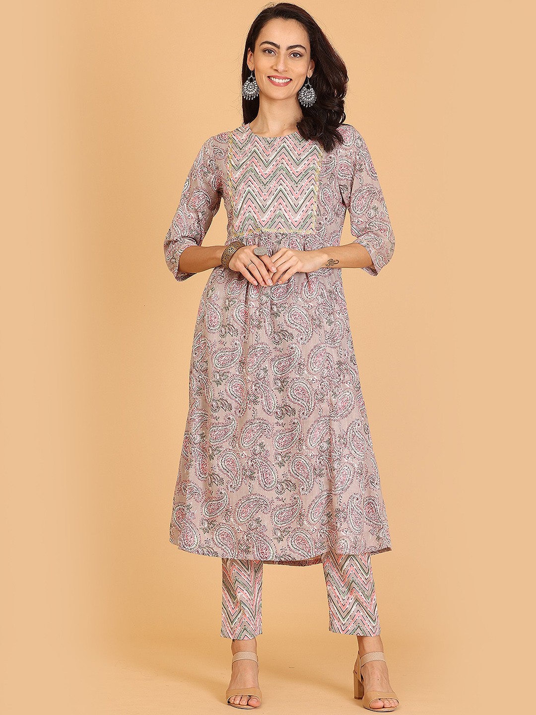 

KAANCHIE NANGGIA Floral Printed Pure Cotton Kurta with Trousers, Taupe
