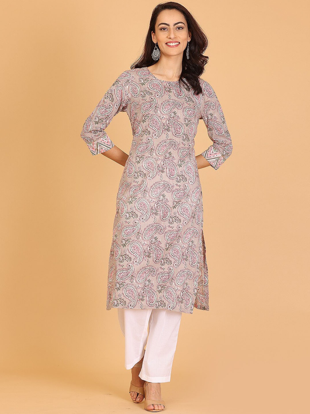 

KAANCHIE NANGGIA Paisley Printed Pure Cotton Kurta with Trousers, Taupe