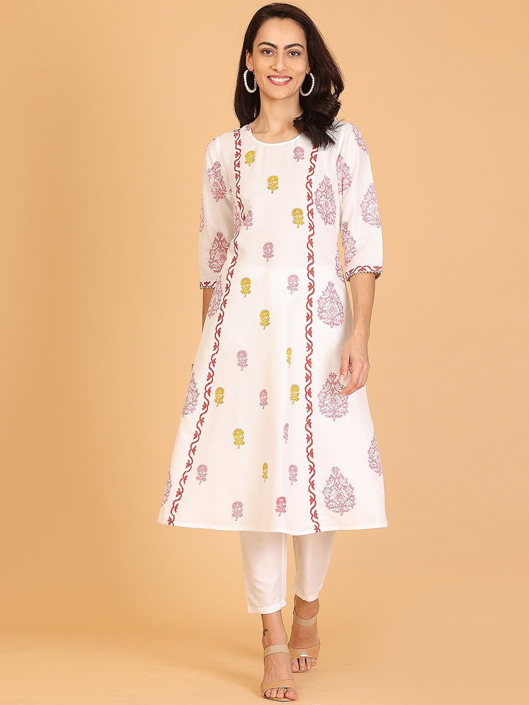

KAANCHIE NANGGIA Ethnic Motifs Printed A-Line Pure Silk Kurta With Trousers, White