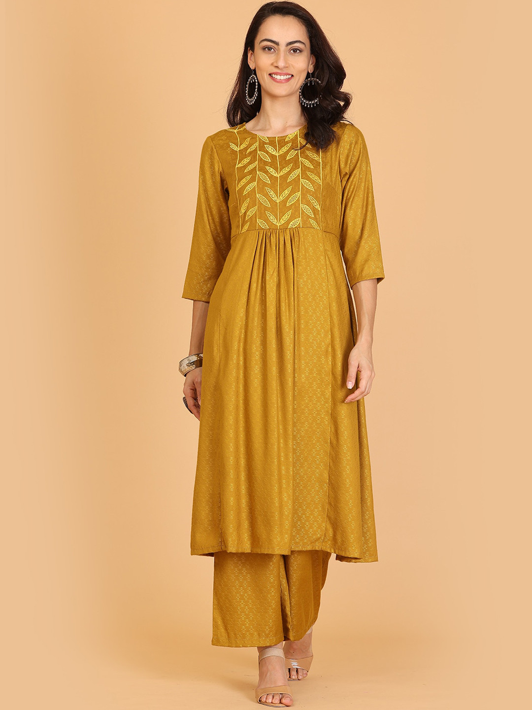 

KAANCHIE NANGGIA Embroidered A-Line Kurta With Palazzos, Mustard