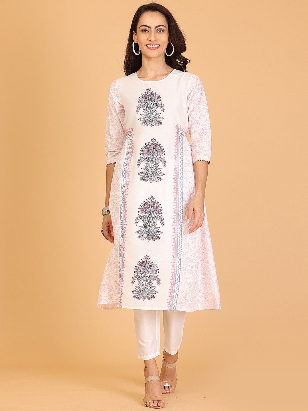 

KAANCHIE NANGGIA Ethnic Motifs Printed A-Line Kurta With Trousers, White