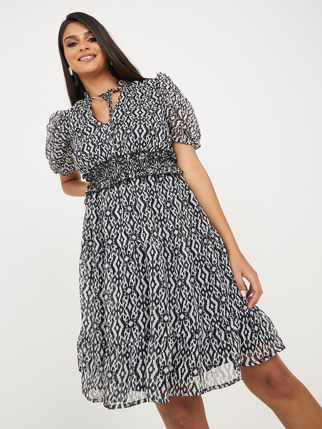 

Styli Printed Tie-Up Neck Puff Sleeve Fit & Flare Dress, Black