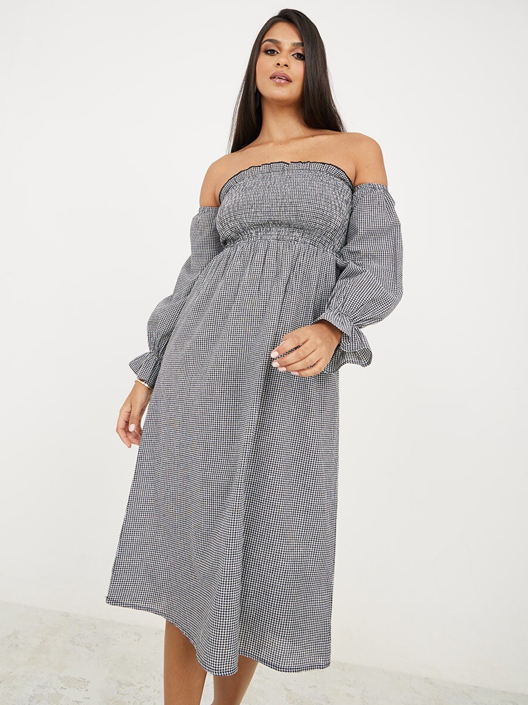 

Styli Checked Fit and Flare Midi Dress, Black
