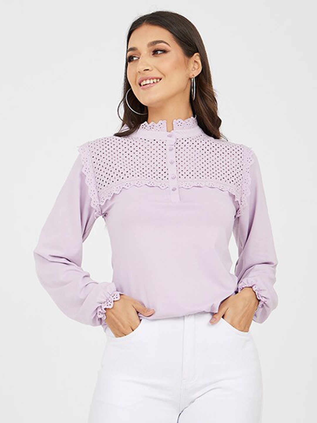 

Styli Self Design High Neck Puff Sleeves Top, Purple