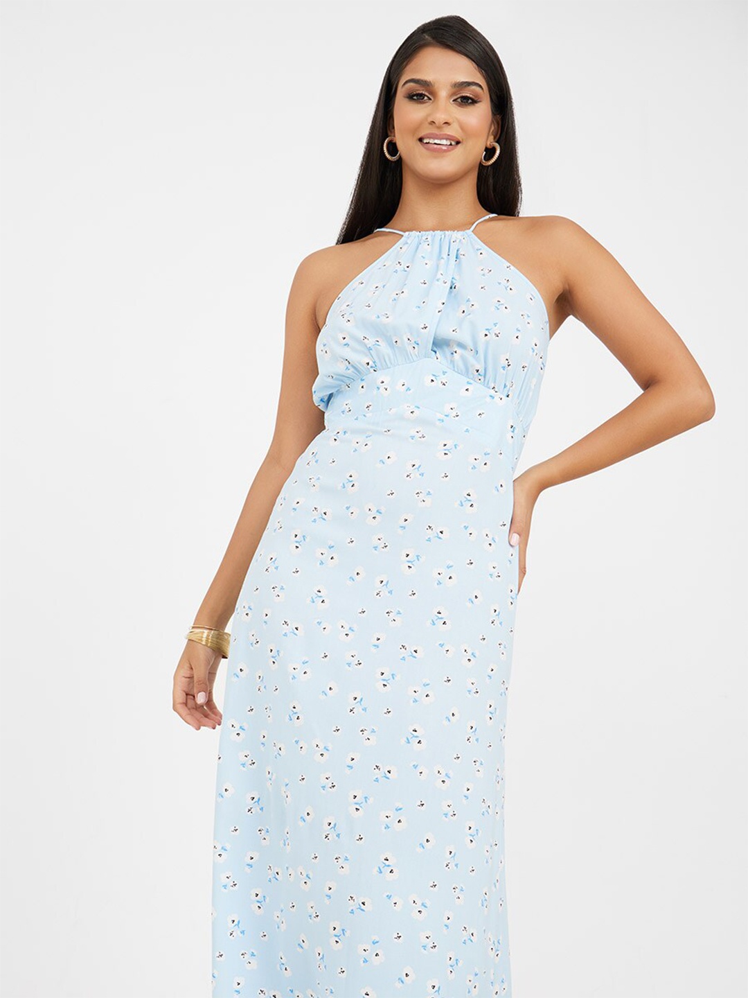 

Styli Floral Printed Shoulder Straps Maxi Dress, Blue