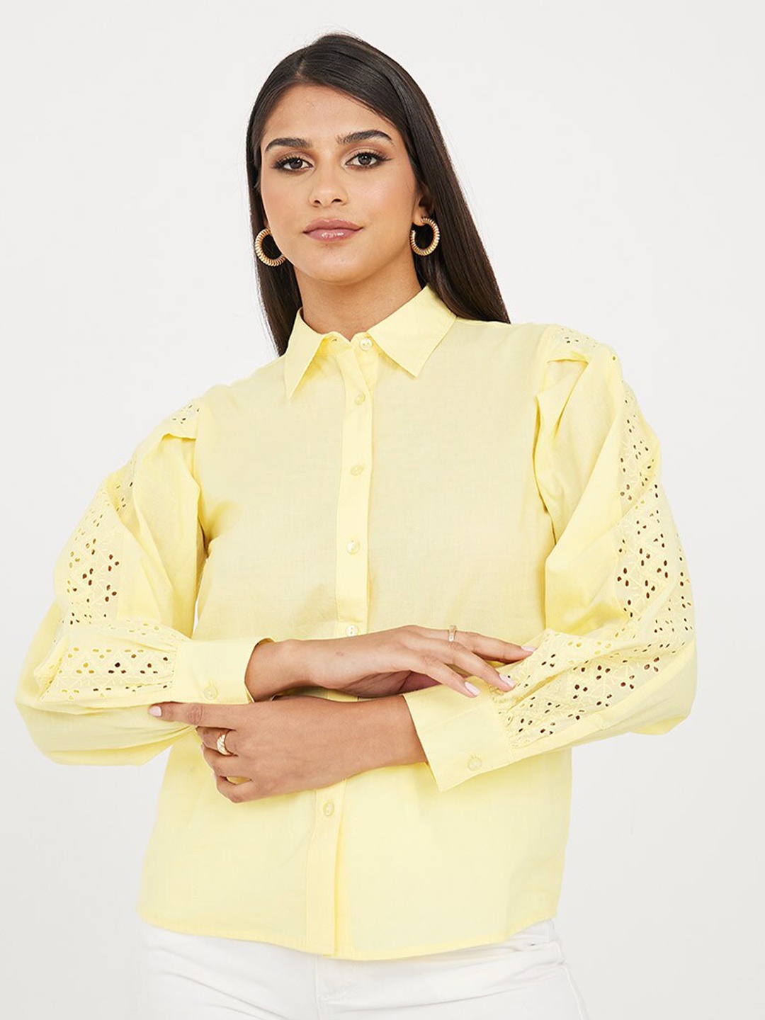 

Styli Schiffli Opaque Cotton Casual Shirt, Yellow