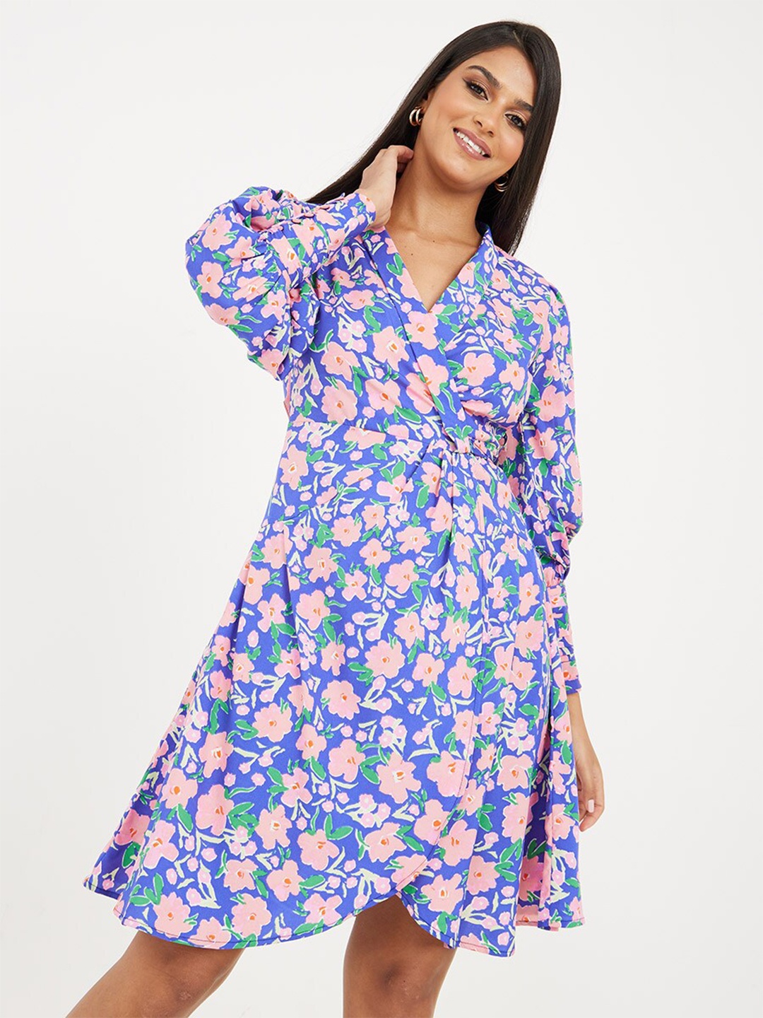 

Styli Floral Printed Puff Sleeve Dress, Blue