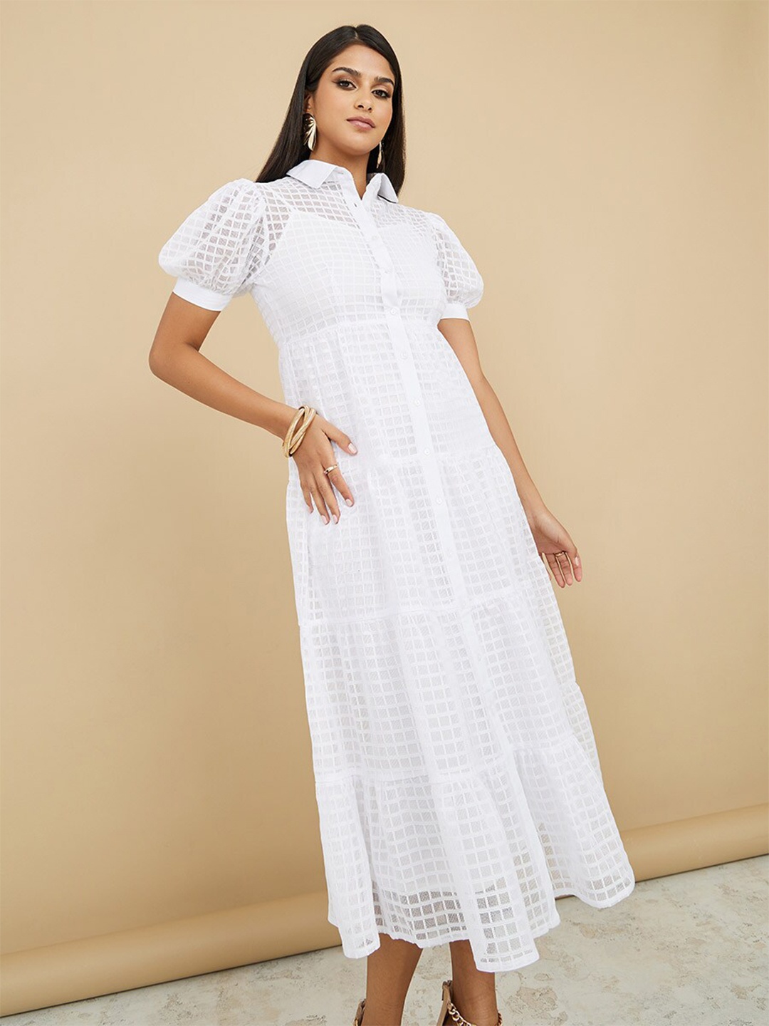 

Styli Self Design Shirt Collar Tiered Fit & Flare Midi Dress, White