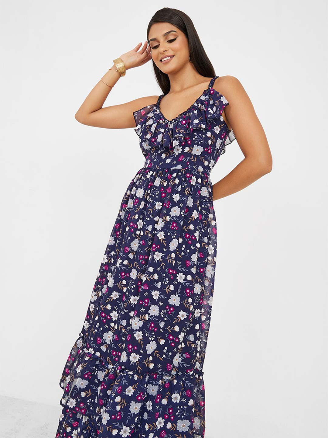 

Styli Shoulder Straps Floral Print Maxi Dress, Navy blue