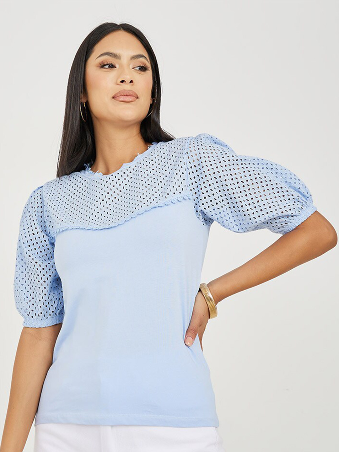 

Styli Puff Sleeve Cotton Top, Blue