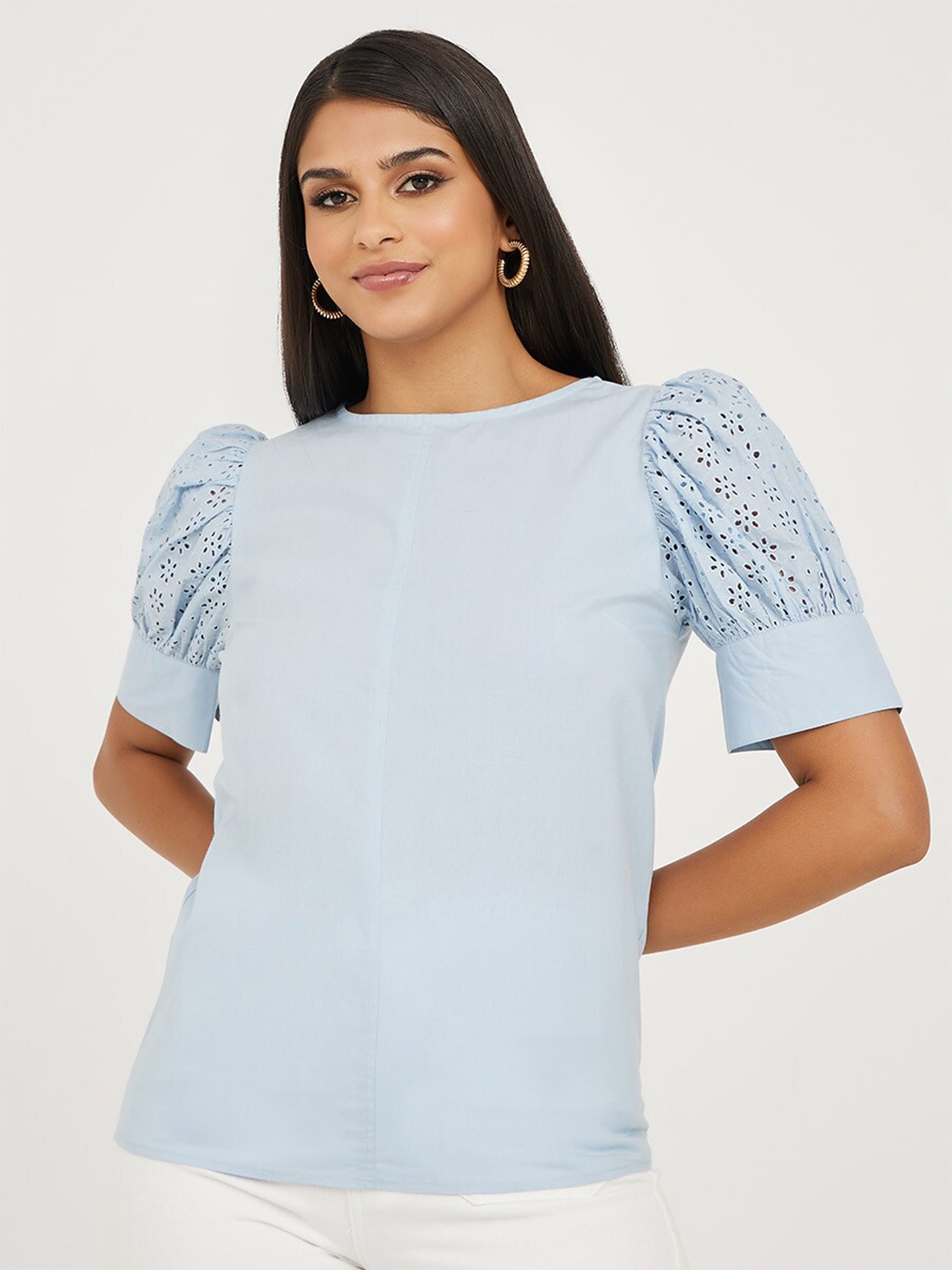 

Styli Schiffli Detail Puff Sleeves Regular Fit Top, Blue