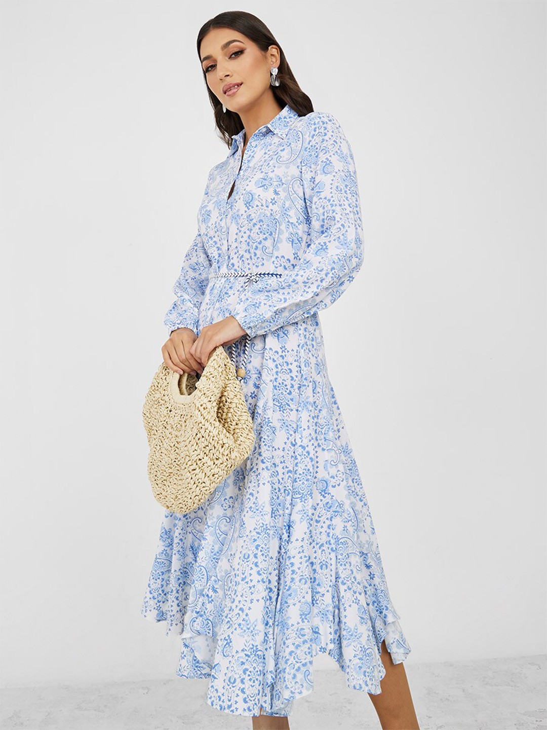 

Styli Ethnic Motifs Printed Shirt Midi Dress With Belt, Blue