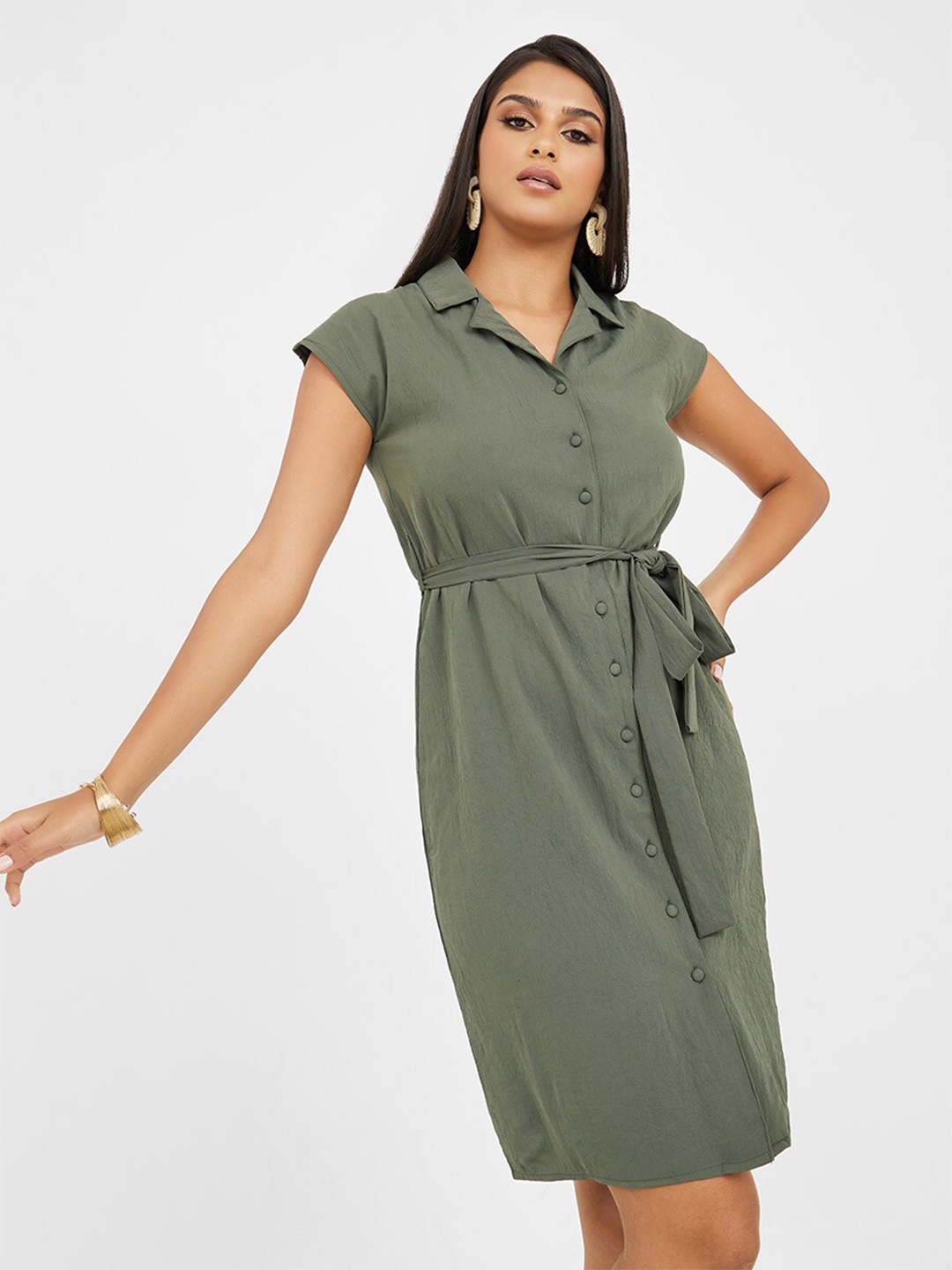 

Styli Shirt Collar Dress With Belt, Olive
