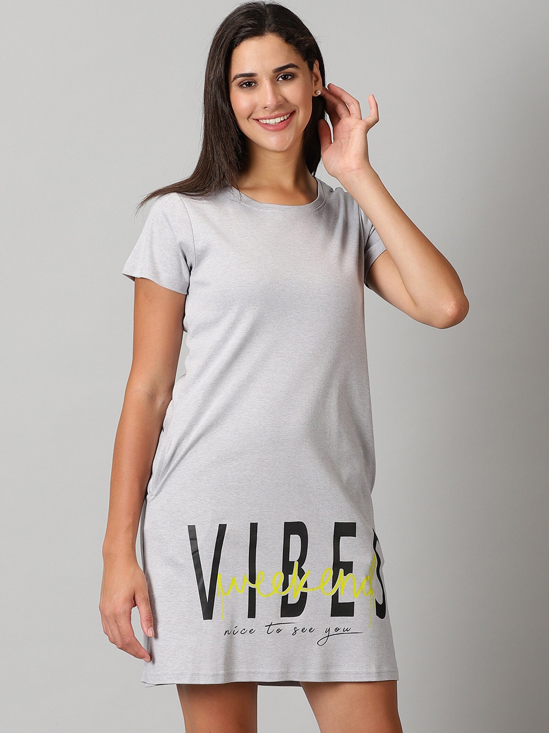 

BEVERLY BLUES Typography Printed Pure Cotton Nightdress, Grey