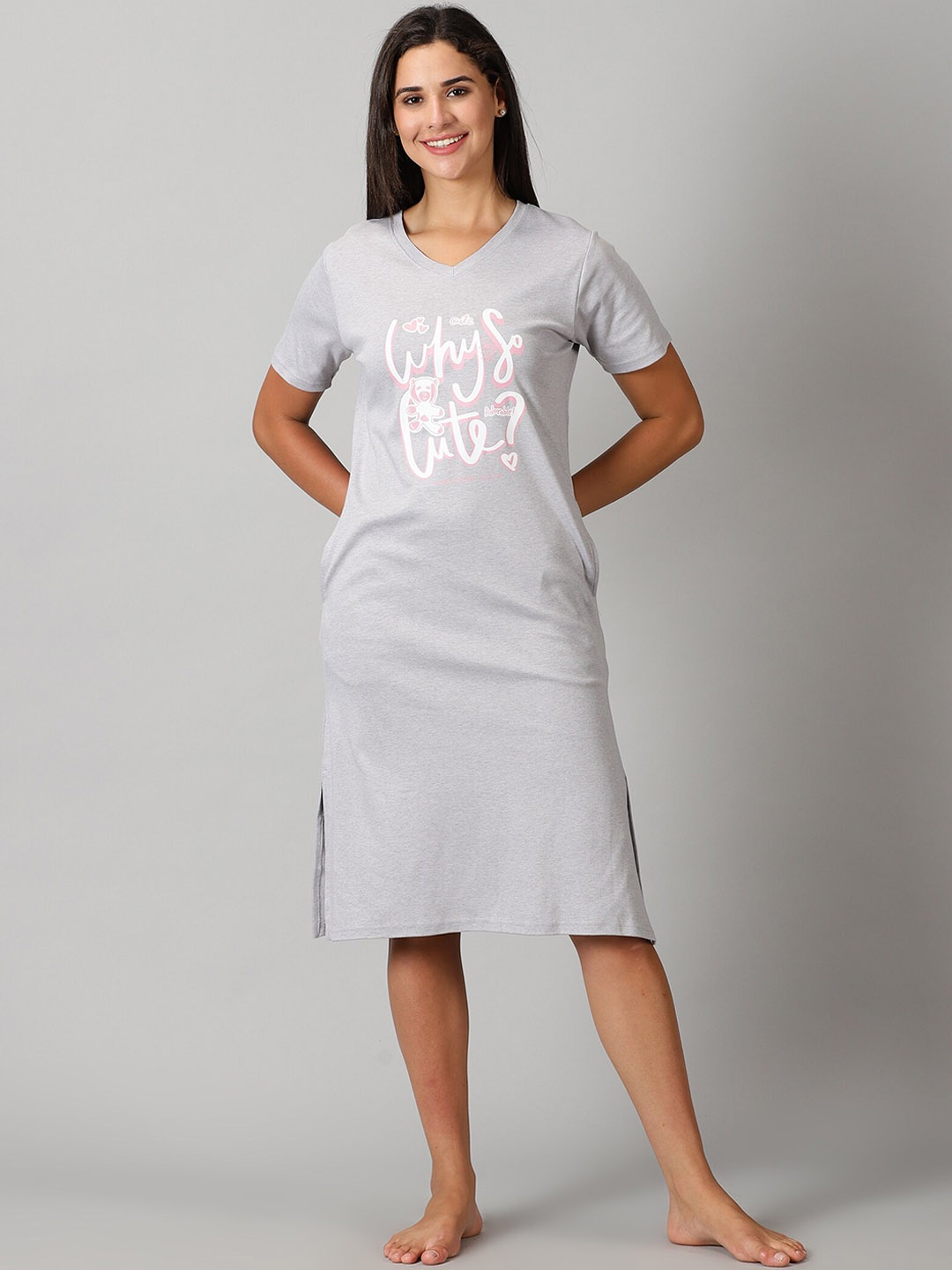 

BEVERLY BLUES Typography Printed Pure Cotton Nightdress, Grey