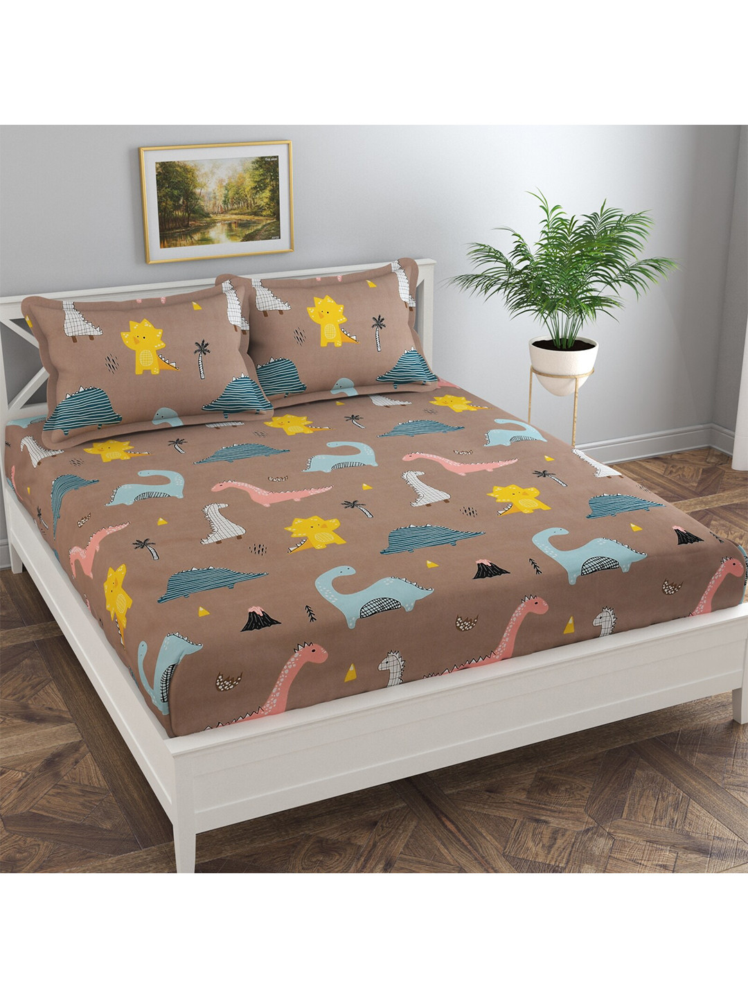 

Florida Cambric Camel Brown Printed 250 TC Cotton Fitted King Bedsheet & 2 Pillow Covers
