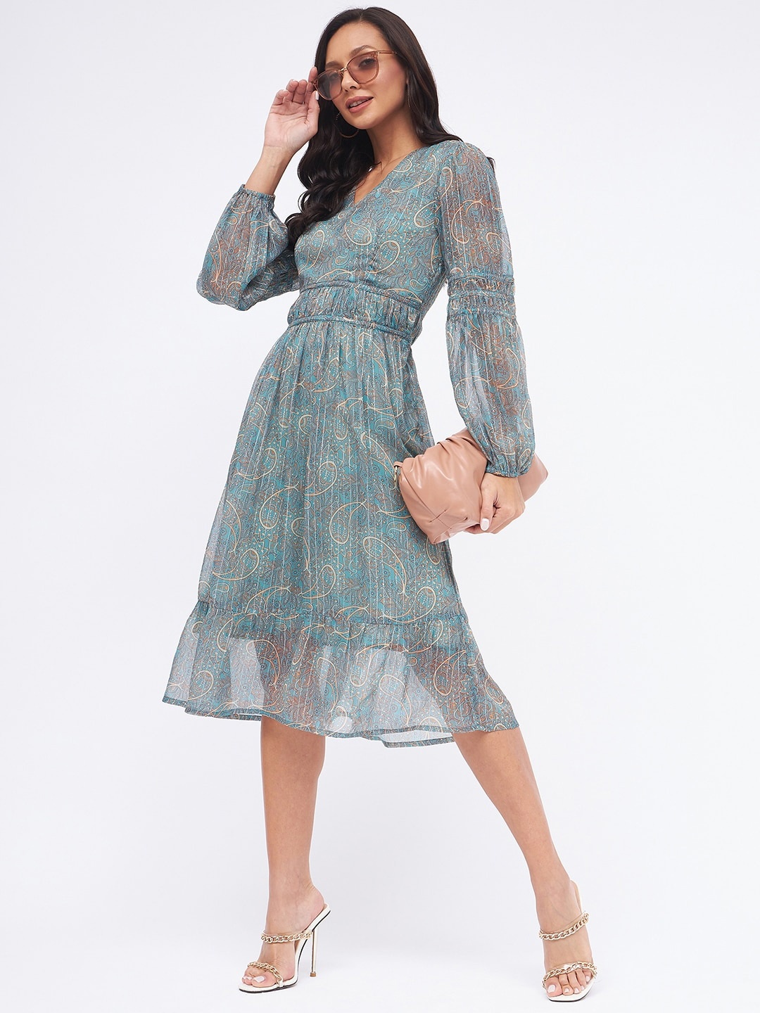 

Kibo Sea Green Floral Printed V-Neck Puff Sleeve A-Line Dress