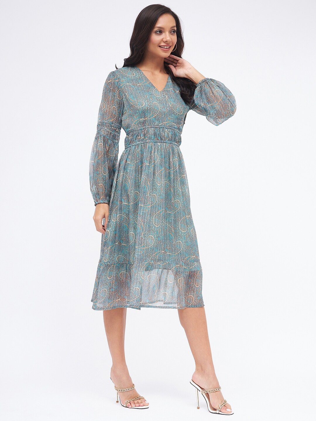 

Kibo Ethnic Motifs Printed Puff Sleeve Chiffon A-Line Midi Dress, Sea green