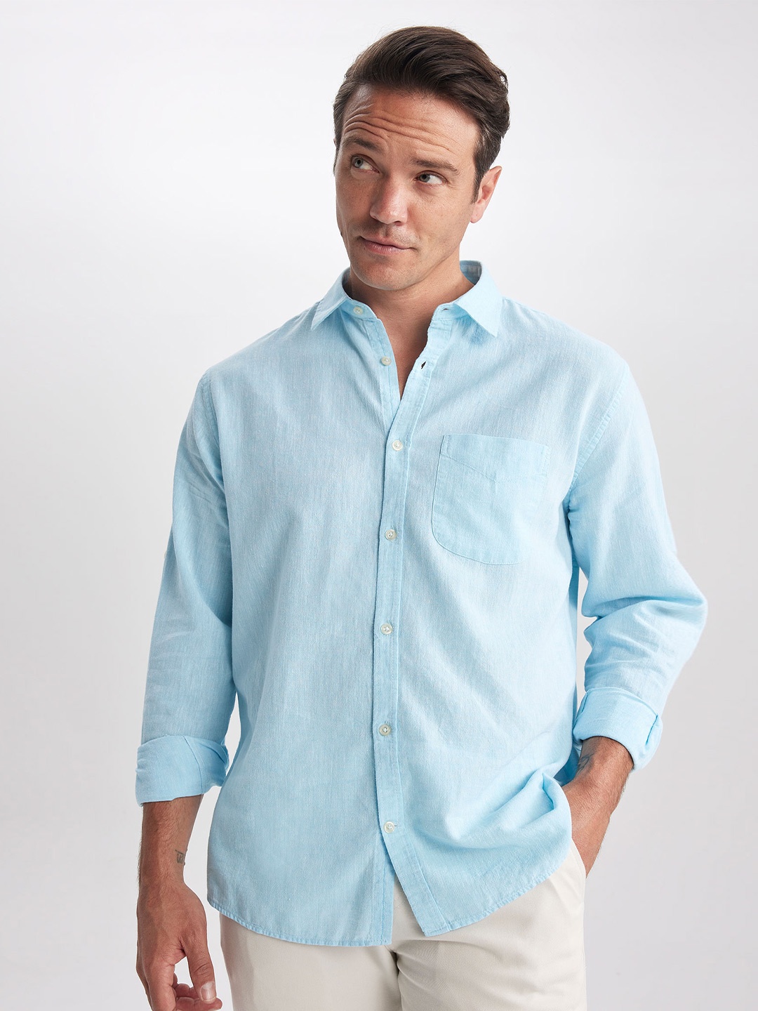 

DeFacto Spread Collar Cotton Linen Casual Shirt, Blue