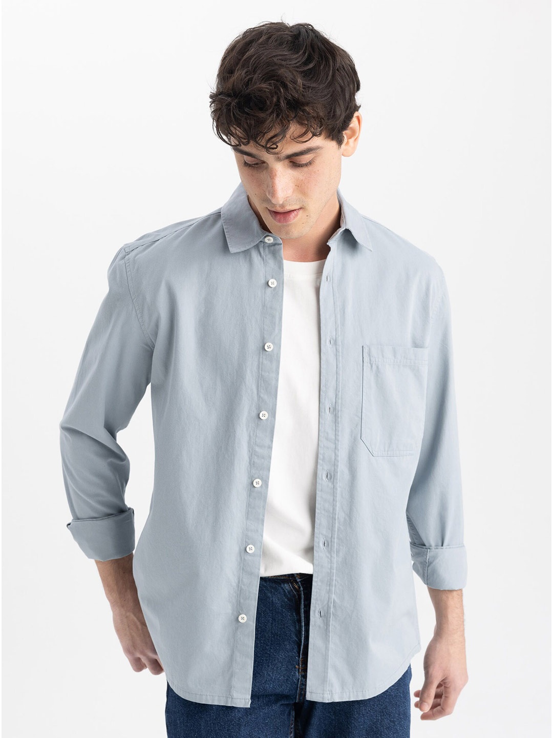 

DeFacto Spread Collar Opaque Pure Cotton Casual Shirt, Blue