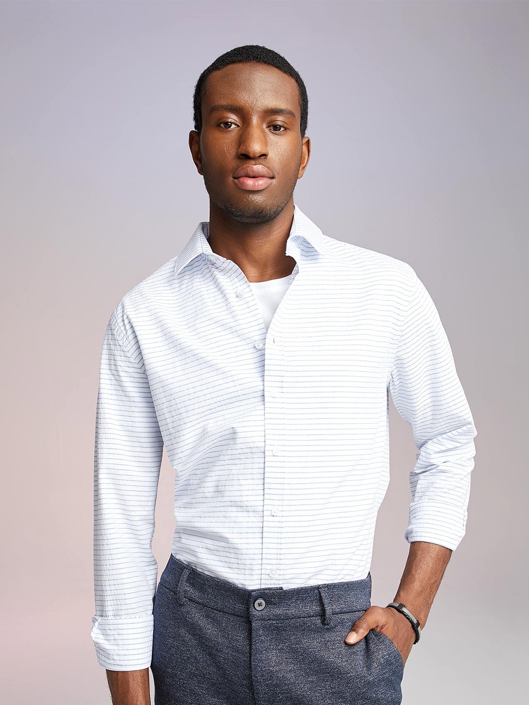 

DeFacto Men Striped Pure Cotton Casual Shirt, White