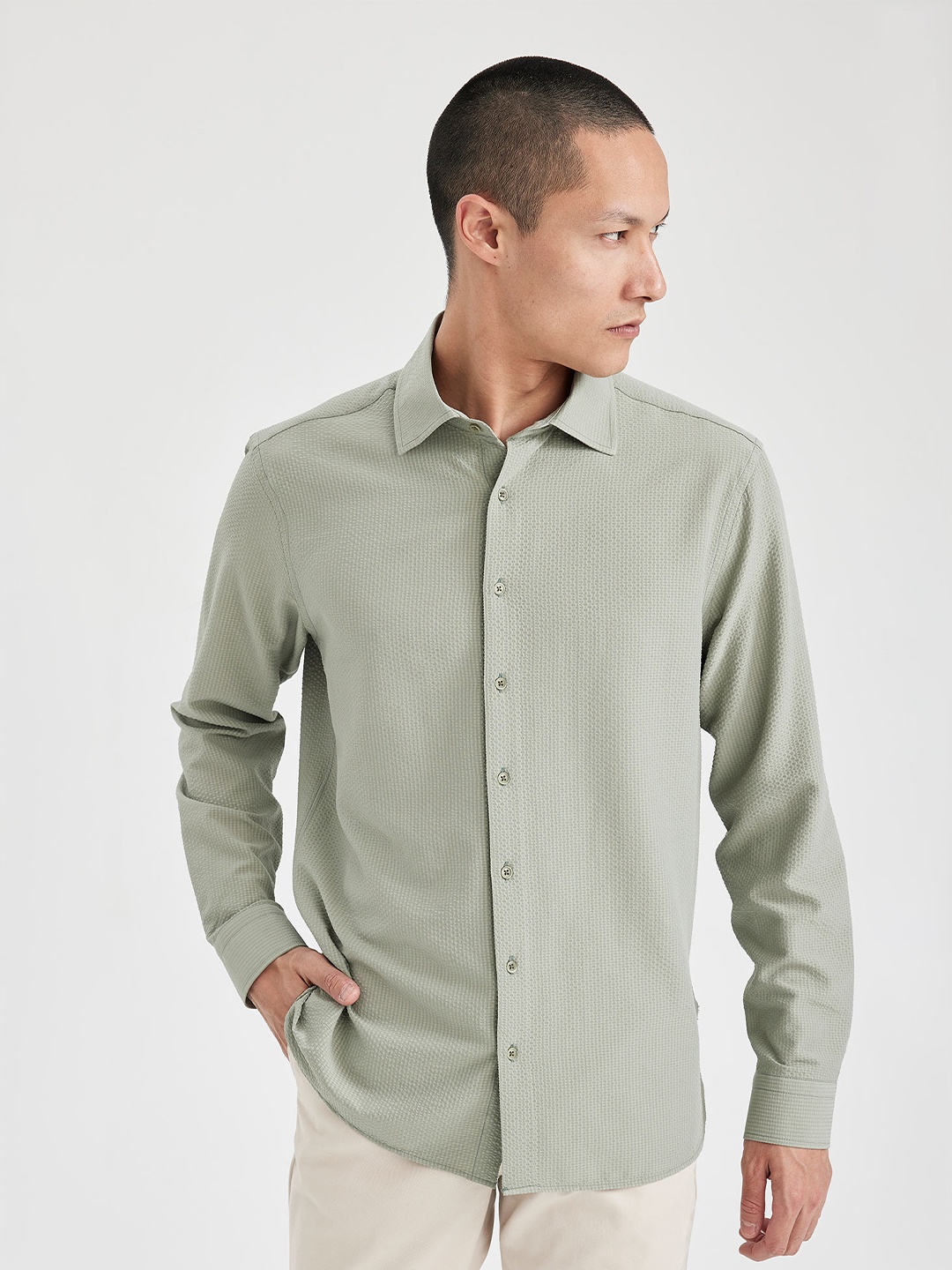 

DeFacto Self Design Spread Collar Casual Shirt, Grey