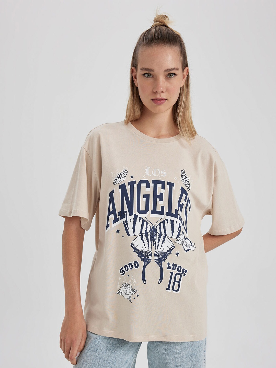 

DeFacto Typography Printed Cotton T-shirt, Beige