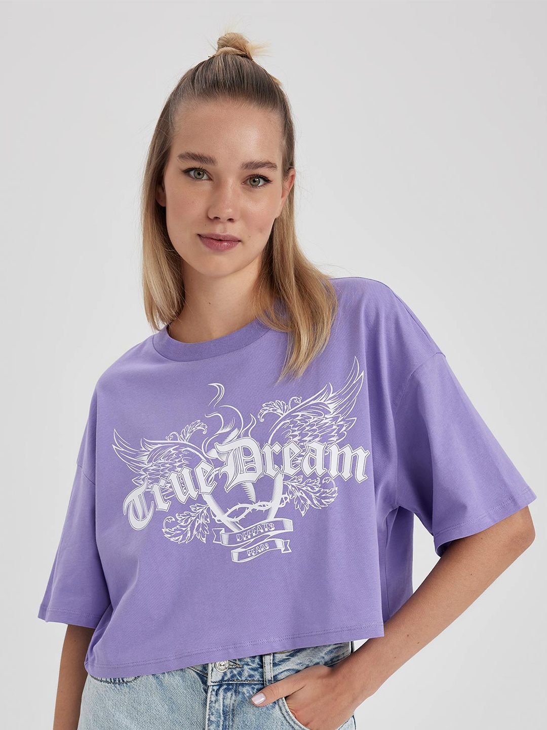 

DeFacto Typography Printed Cotton T-shirt, Lavender