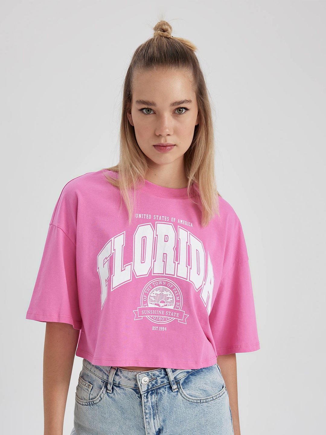 

DeFacto Typography Printed Cotton T-shirt, Pink