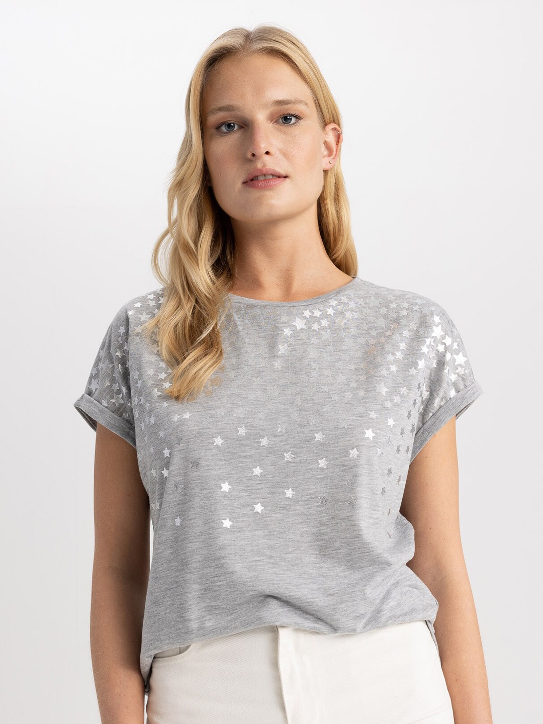 

DeFacto Conversational Printed Extended Sleeves T-shirt, Grey melange