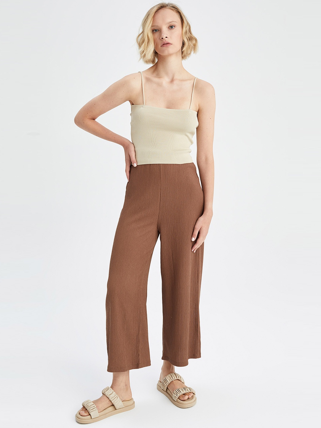 

DeFacto Women Mid-Rise Plain Regular Trouser, Brown