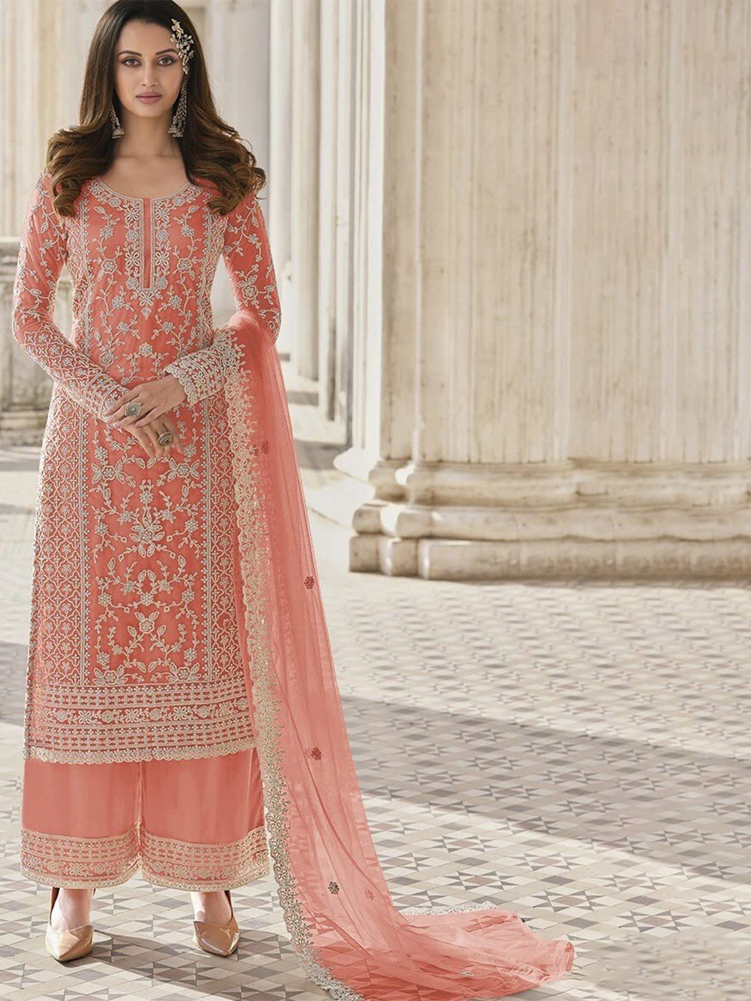 

Fashion Basket Embroidered Semi-Stitched Dress Material, Orange