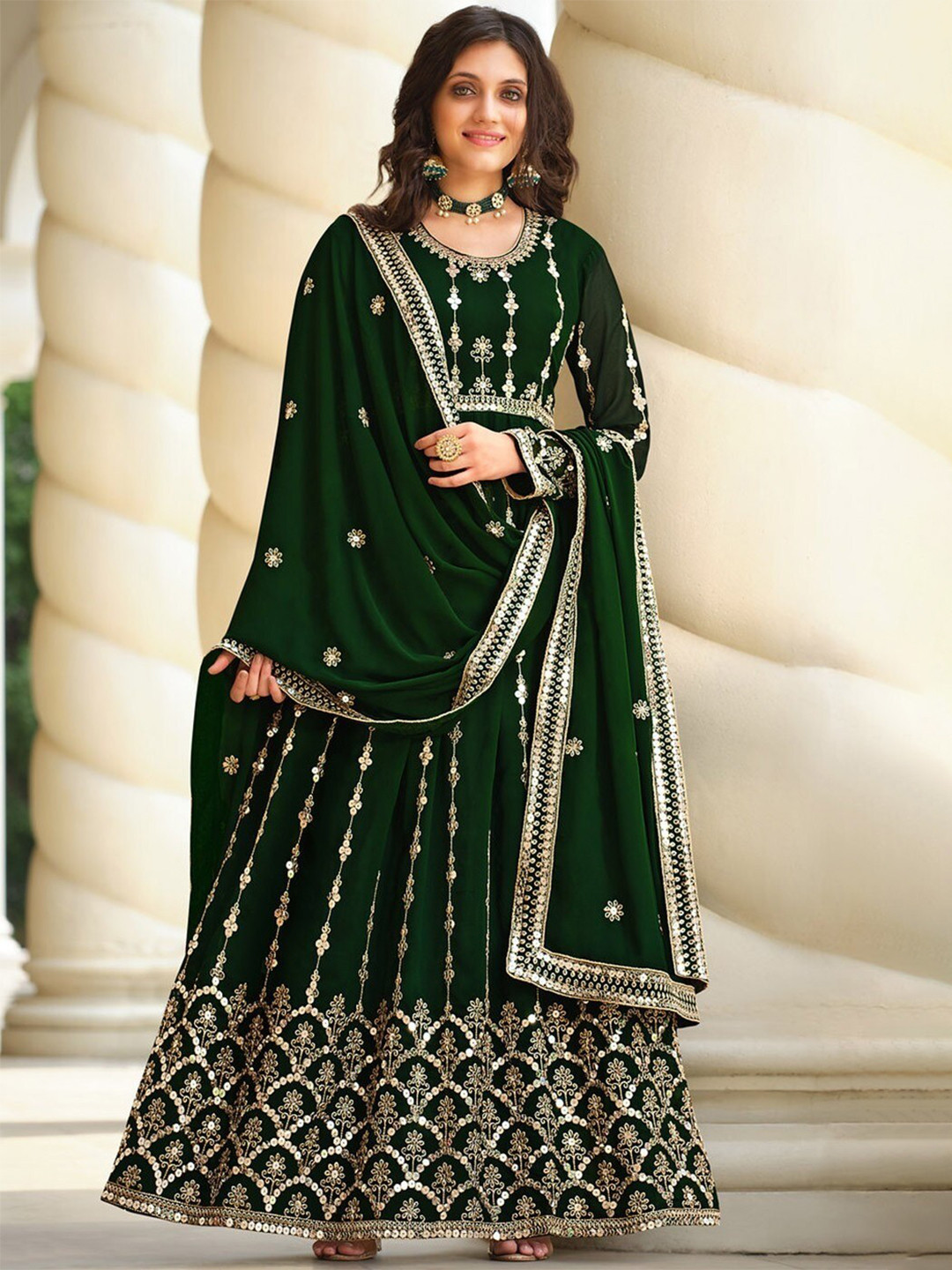 

Fashion Basket Embroidered Semi-Stitched Dress Material, Green